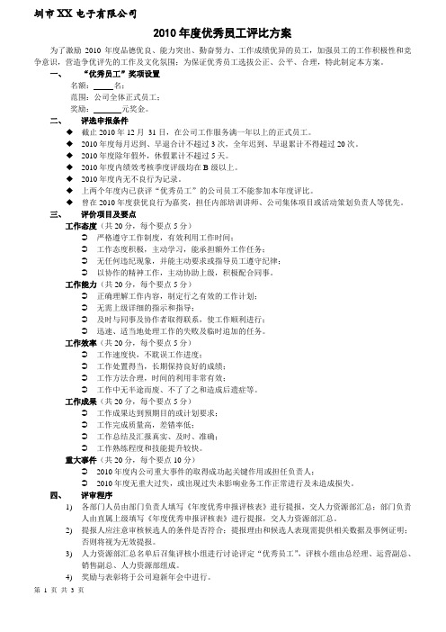 2010年度某集团年度优秀员工评比方案