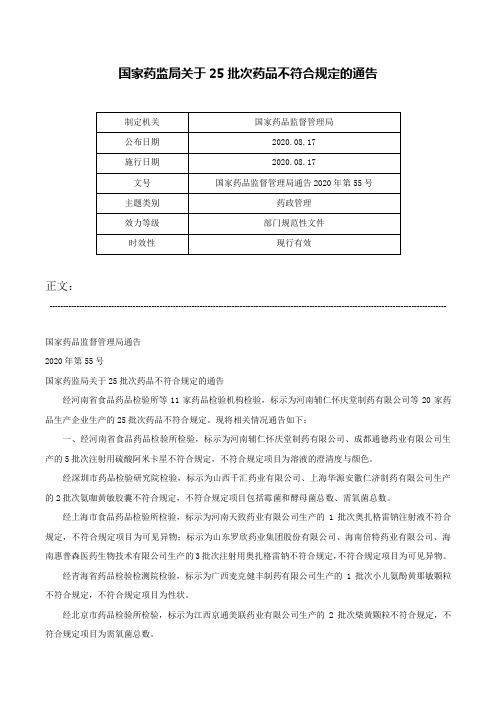 国家药监局关于25批次药品不符合规定的通告-国家药品监督管理局通告2020年第55号