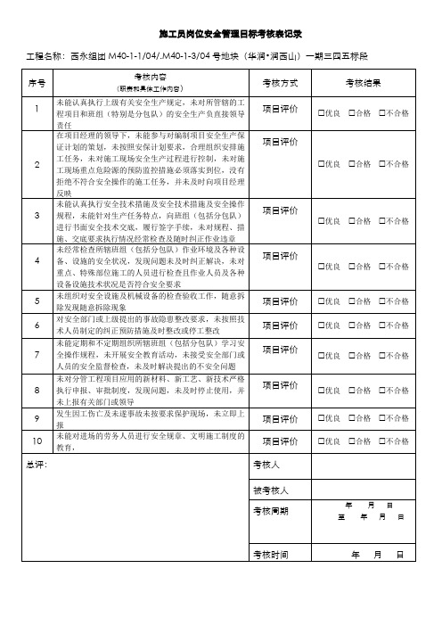 施工员岗位安全管理目标考核表记录