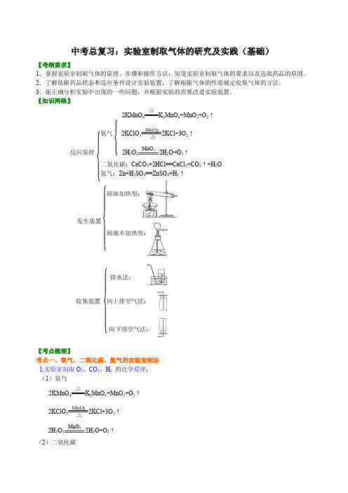 中考总复习：实验室制取气体的研究及实践(基础) 知识讲解