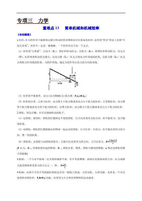 2020年中考物理重难点专练13 简单机械和机械效率-力学(解析版)