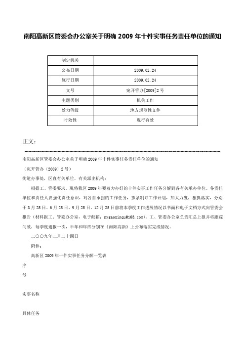 南阳高新区管委会办公室关于明确2009年十件实事任务责任单位的通知-宛开管办[2009]2号