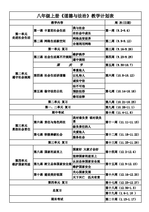 八年级上册《道德与法治》课程计划时间表