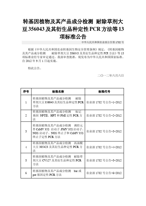 转基因植物及其产品成分检测等13项标准公告