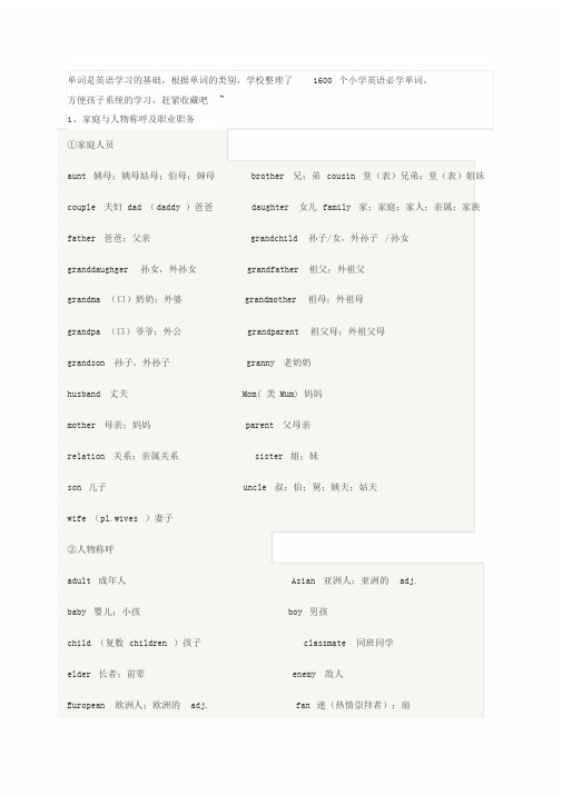 1600个小学英语必学单词