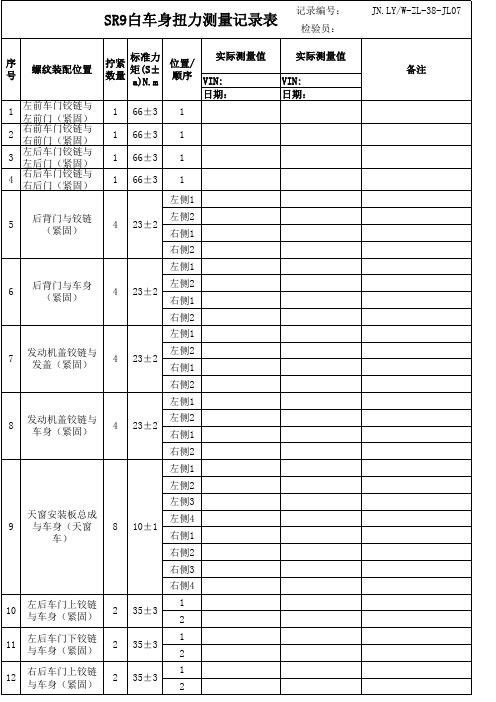 JN.LY W-ZL-38-JL07 SR9白车身扭力测量记录表