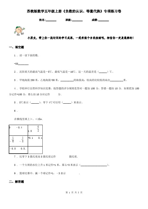 苏教版 数学五年级上册《负数的认识、等量代换》专项练习卷