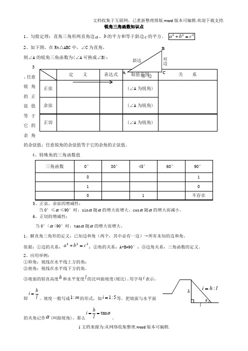初三数学九下锐角三角函数所有知识点总结和常考题型练习题