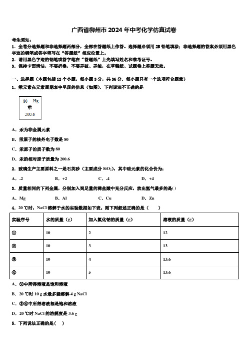 广西省柳州市2024届中考化学仿真试卷含解析