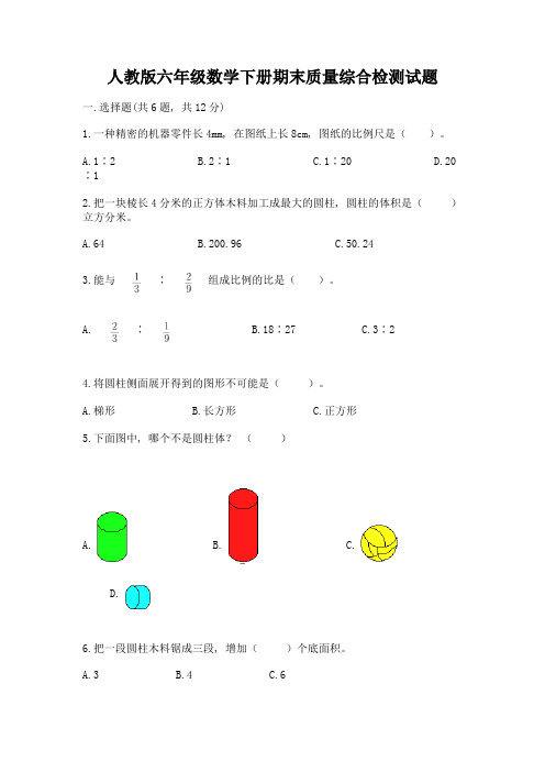 人教版六年级数学下册期末质量综合检测试题精选答案