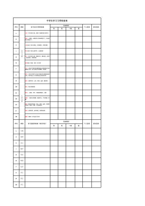 中学生学习习惯检查表