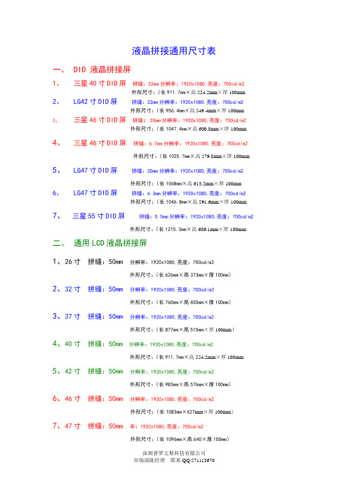 液晶拼接通用尺寸表