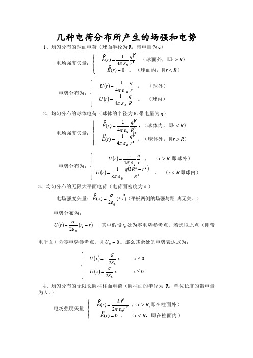 几种典型带电体的场强和电势公式