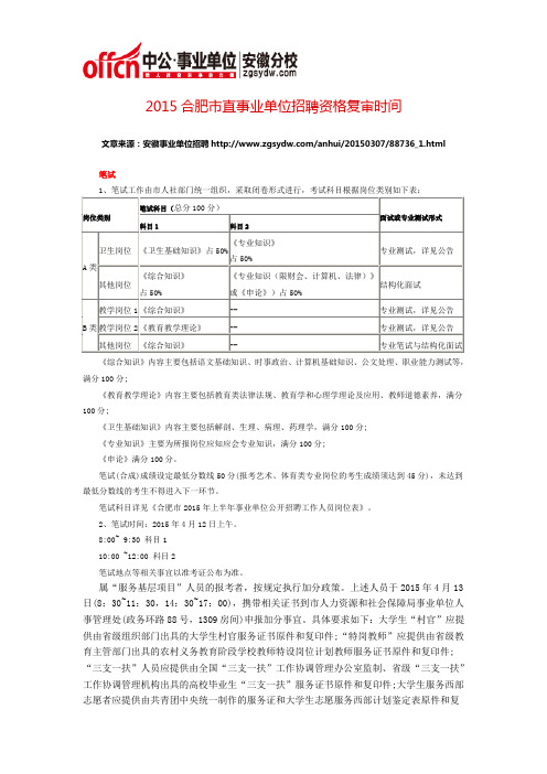 2015合肥市直事业单位招聘资格复审时间