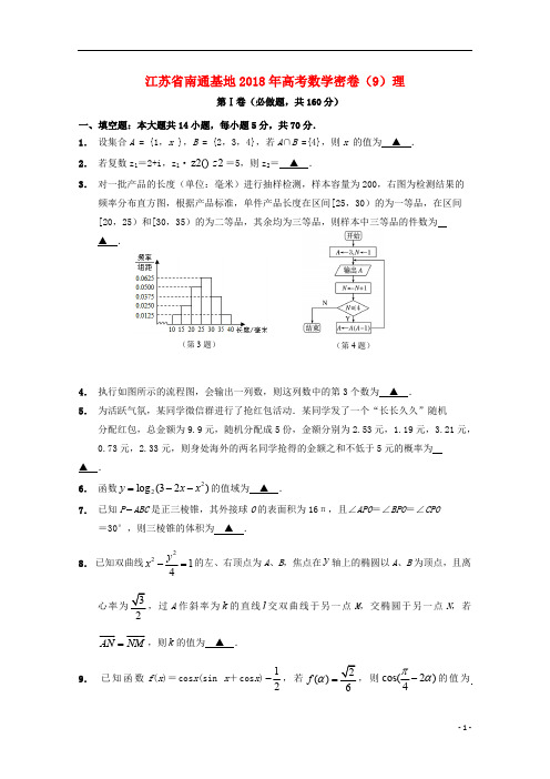 江苏省南通基地2018年高考数学密卷9理201902270177