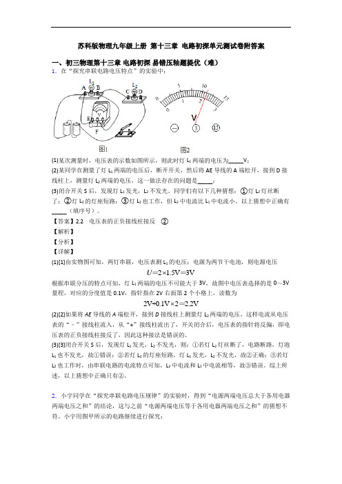 苏科版物理九年级上册 第十三章 电路初探单元测试卷附答案