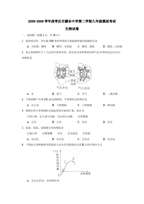 2008-2009学年枣庄滕东中学第二学期九年级摸底考试