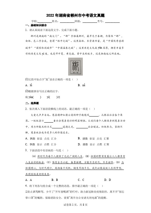 【中考真题】2022年湖南省郴州市中考语文试卷(附答案)