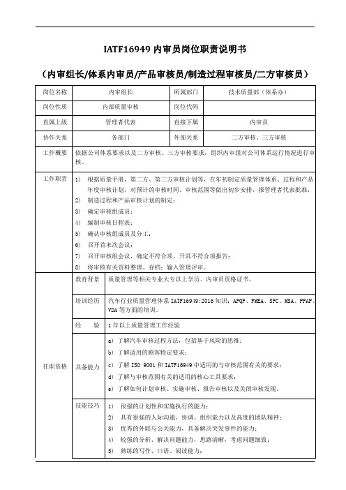 iatf16949内审员岗位职责说明书