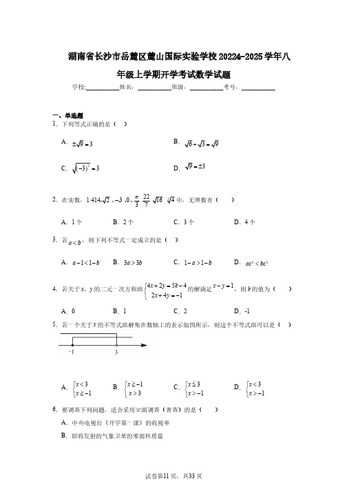 湖南省长沙市岳麓区麓山国际实验学校20224-2025学年八年级上学期开学考试数学试题