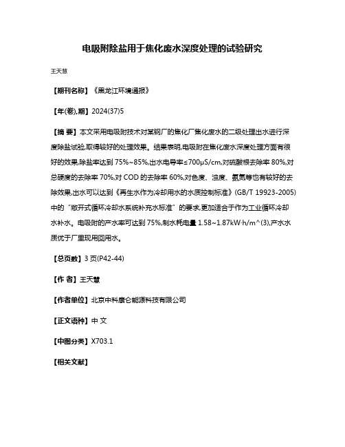 电吸附除盐用于焦化废水深度处理的试验研究