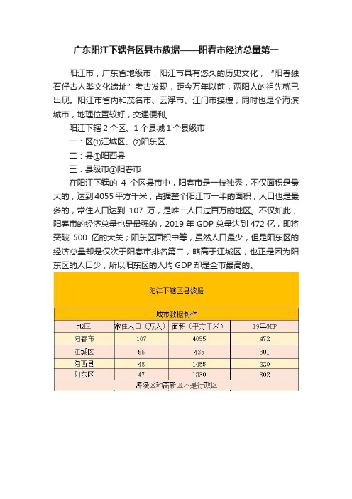 广东阳江下辖各区县市数据——阳春市经济总量第一