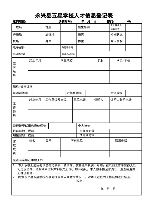 永兴县五星学校人才信息登记表