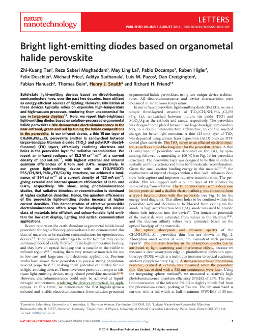 Bright light-emitting diodes based on organometal 基于有机金属的发光二极管