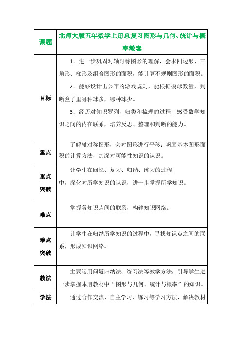 北师大版五年数学上册总复习图形与几何、统计与概率教案