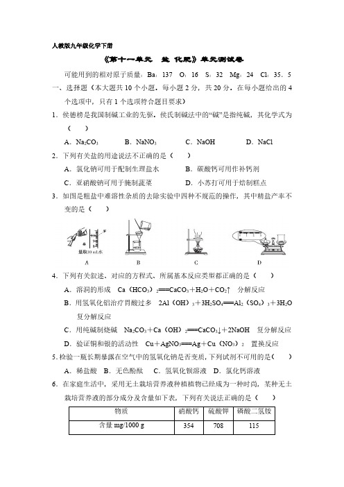 9年级化学人教版下册《第十一单元 盐 化肥》单元测试卷02