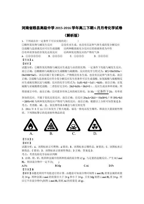 河南省睢县高级中学2015-2016学年高二下期6月月考化学试卷(解析版)