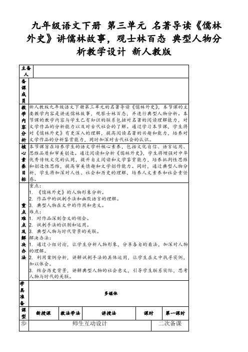 九年级语文下册第三单元名著导读《儒林外史》讲儒林故事,观士林百态典型人物分析教学设计新人教版