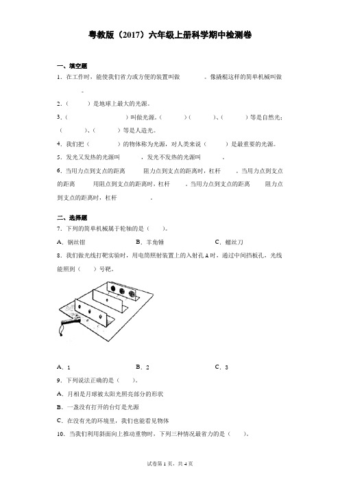 粤教版(2017)六年级上册科学期中检测卷(含答案)