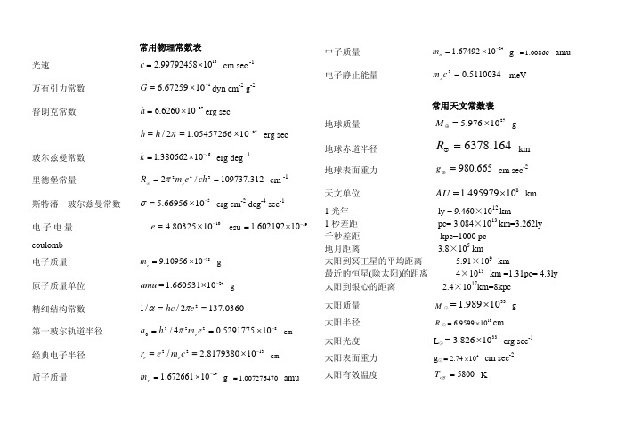 常用物理常数、天文常数、质量尺度表