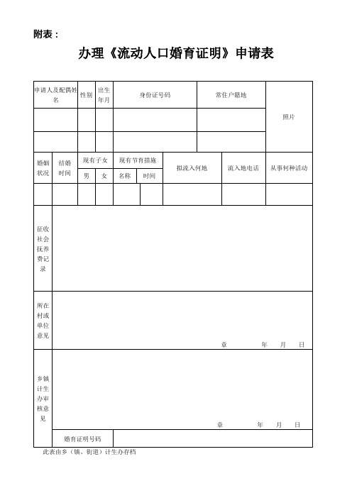 办理《流动人口婚育证明》申请表