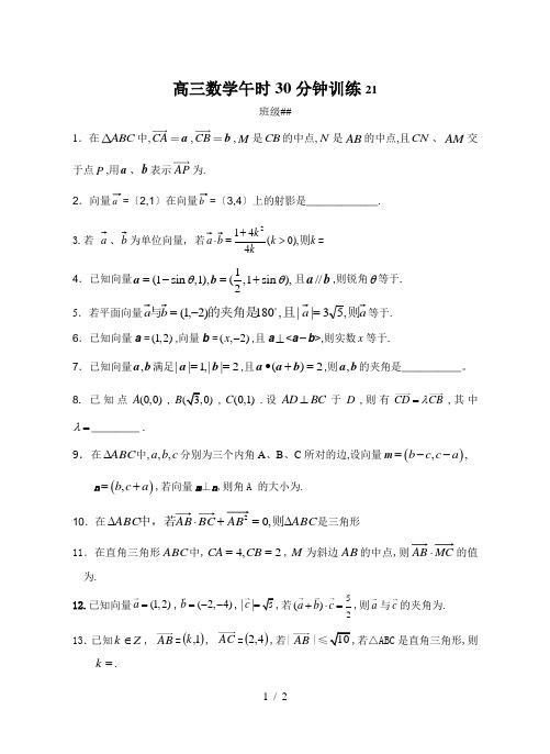 江苏省扬中市第二高级中学2015届高三数学午时30分钟训练21 Word版含答案