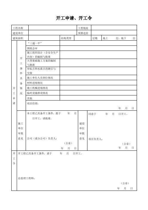 单位工程建设施工开工申请、开工令表格式模板下载(word可修改)