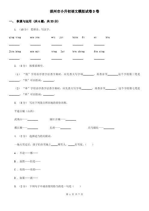 滨州市小升初语文模拟试卷D卷