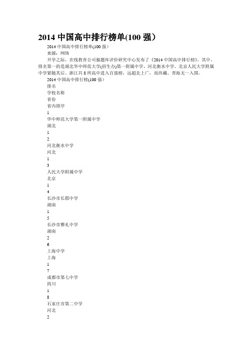 2014中国高中排行榜单(100强)