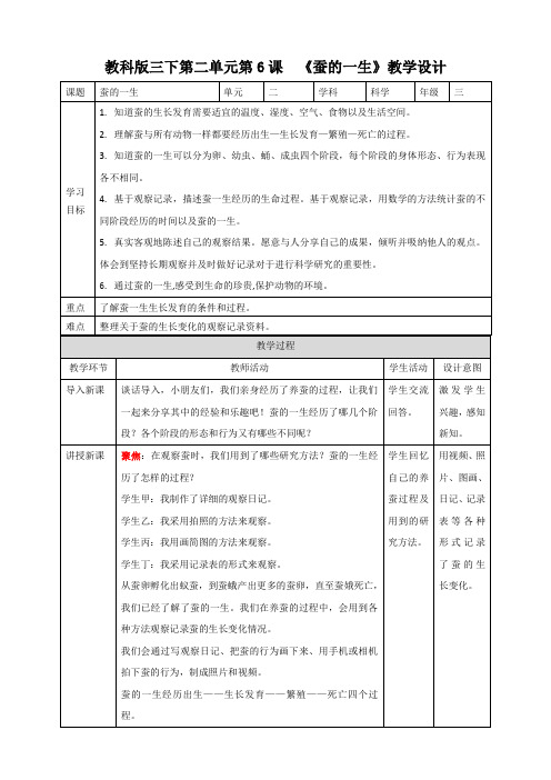 【科学】(教科版)小学科学三年级下册第二单元第6课《蚕的一生》教案