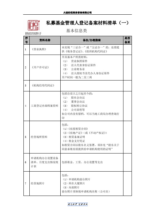 私募基金管理人登记备案材料清单