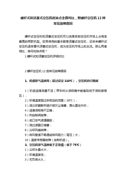 螺杆式和活塞式空压机优缺点全面对比，附螺杆空压机12种常见故障原因