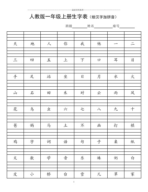 人教版一年级上册生字表(给汉字加拼音)精编版