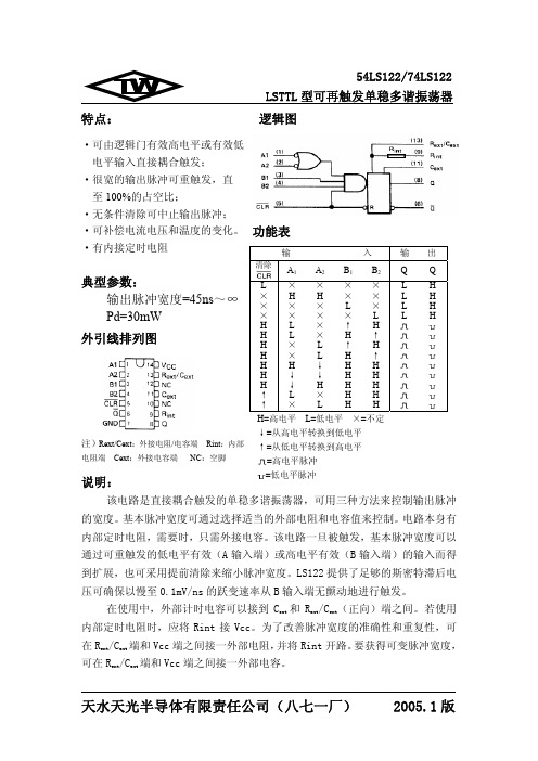 54LS12274LS122 LSTTL 型可再触发单稳多谐振荡器 特点