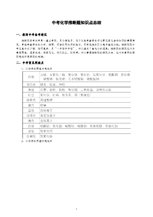 中考化学推断题知识点总结