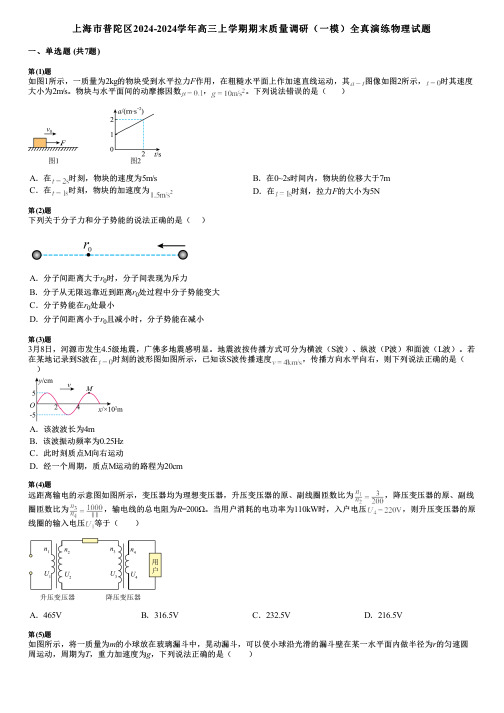 上海市普陀区2024-2024学年高三上学期期末质量调研(一模)全真演练物理试题