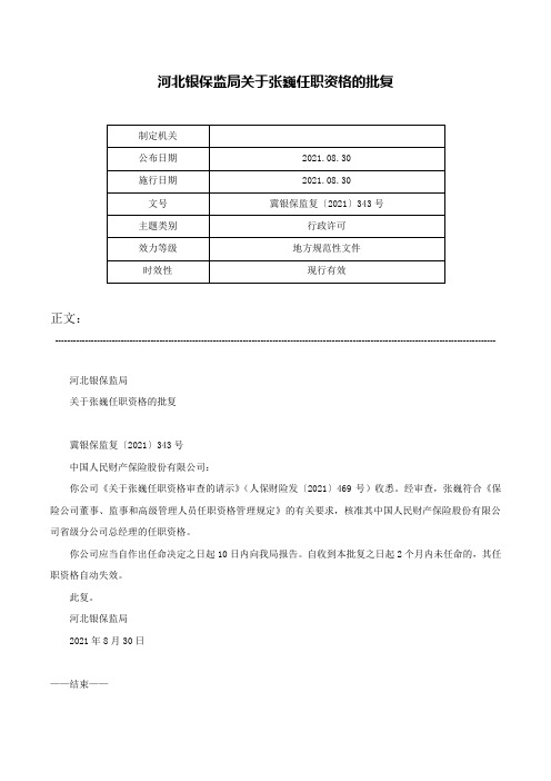 河北银保监局关于张巍任职资格的批复-冀银保监复〔2021〕343号