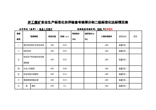 井工煤矿安全生产标准化自评检查考核得分和二级标准化达标情况表