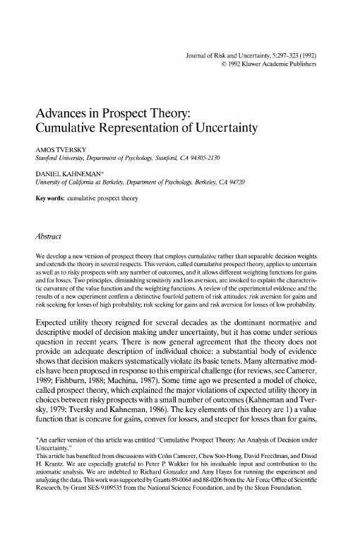 Advances in prospect theory cumulative representation of uncertainty