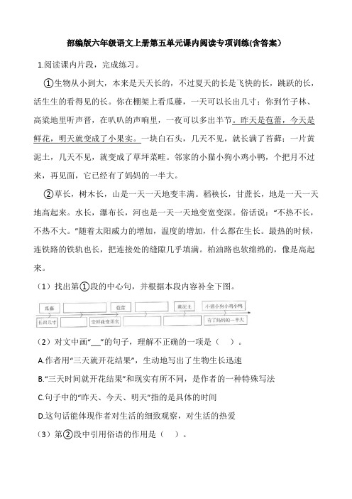 部编版六年级语文上册第五单元课内阅读专项训练(含答案)